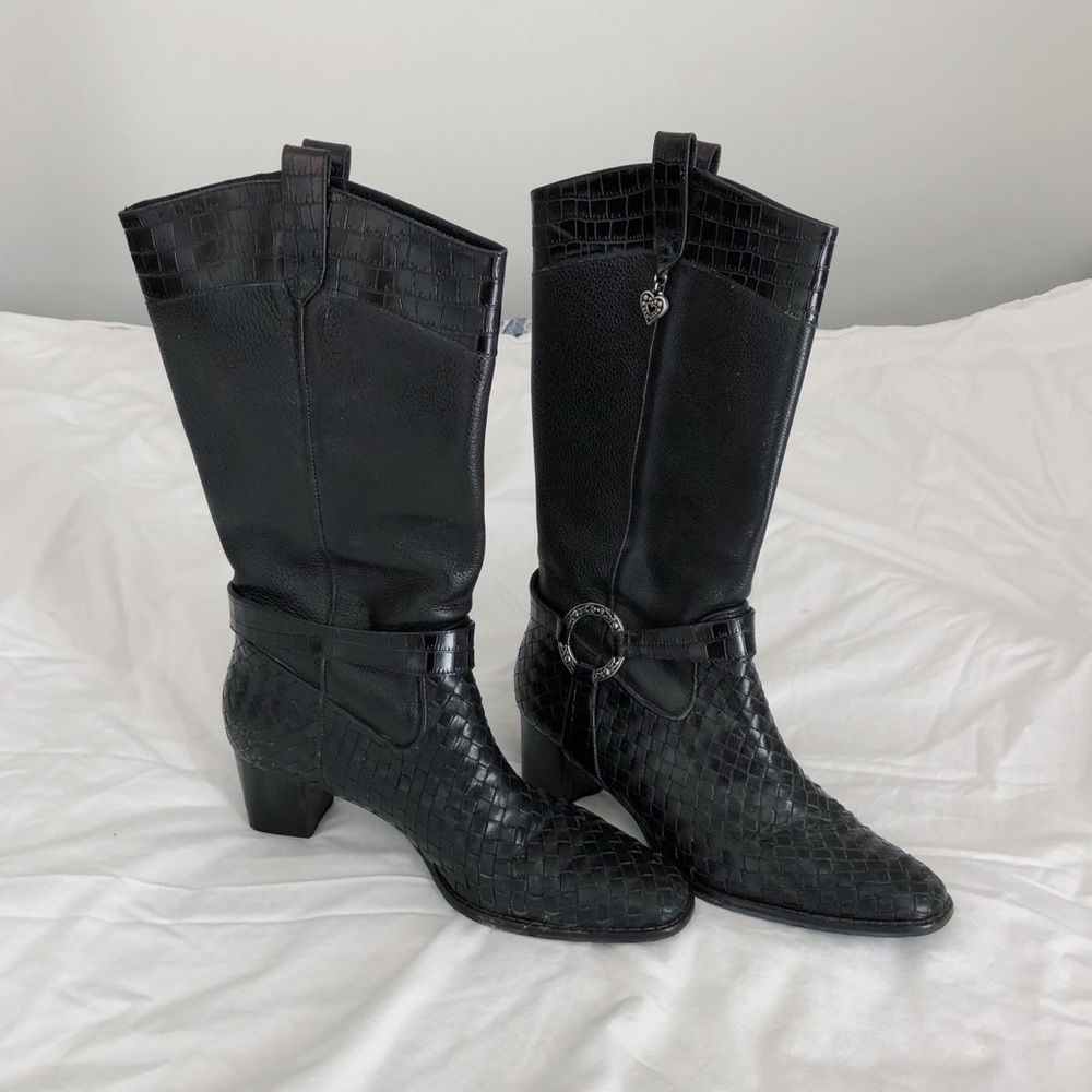 Brighton Leather Travis Mid-Calf Boots Black w/ Woven Detail Size 8 - resoled